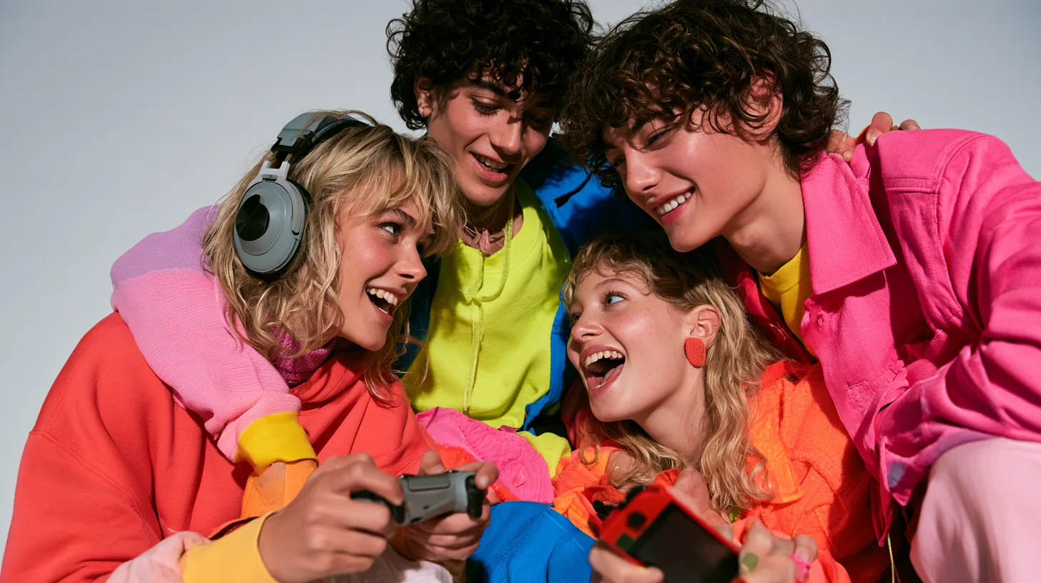 Friends enjoying a digital game in a bright living room